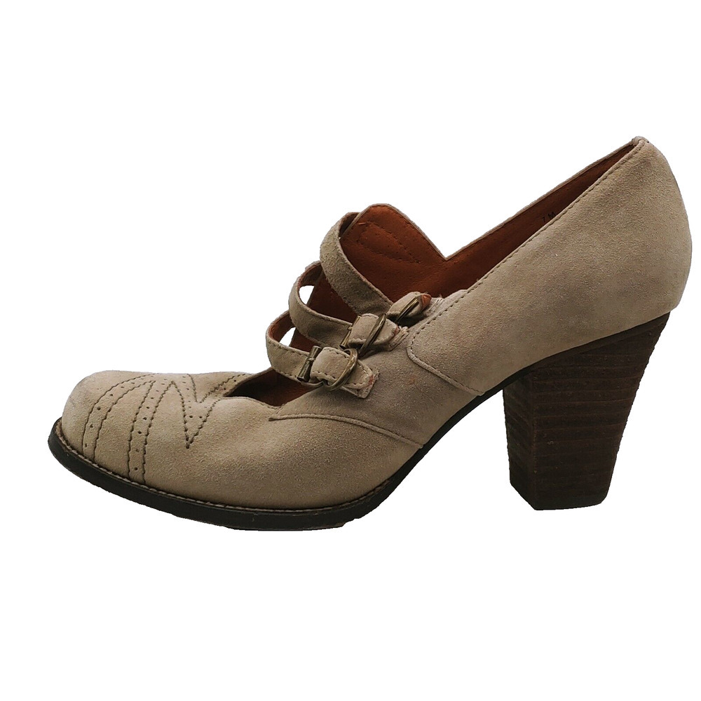 Remix Womens Amelia Leather Closed Toe Tan Roller Buckles 3" Heel Shoes 7